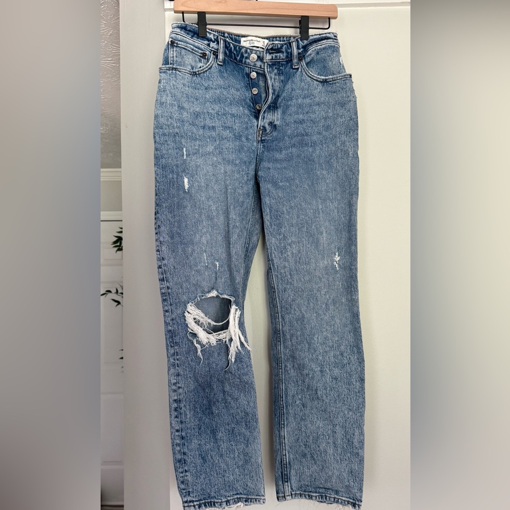 Women's Distressed Blue Jeans - Classic Button Fly